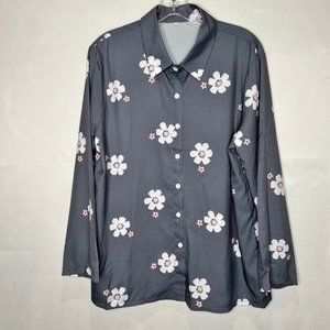 Unbranded Woman’s Top Sz 2XL Gray Satin w/ White & Pink Flowers Button Blouse